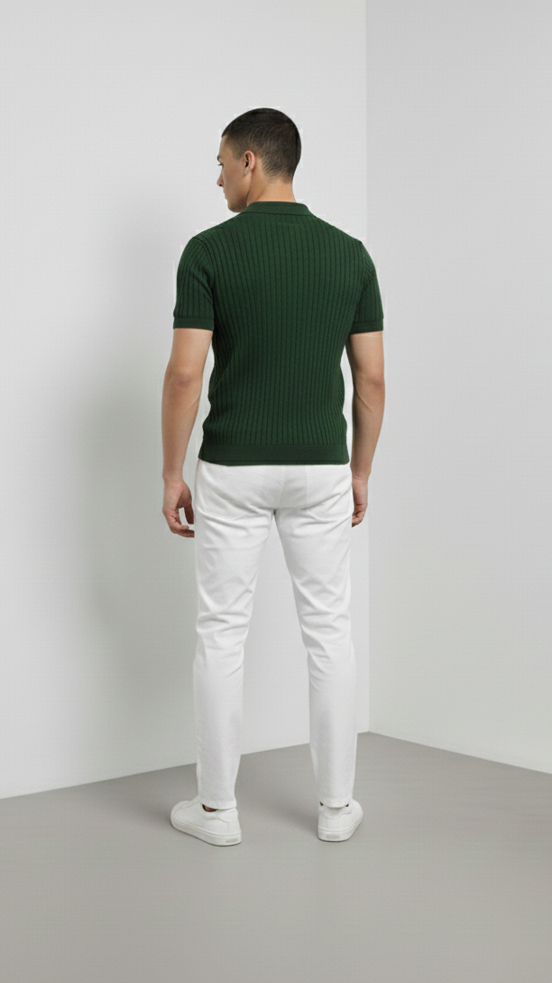 Ribbed V-Neck Knit Polo