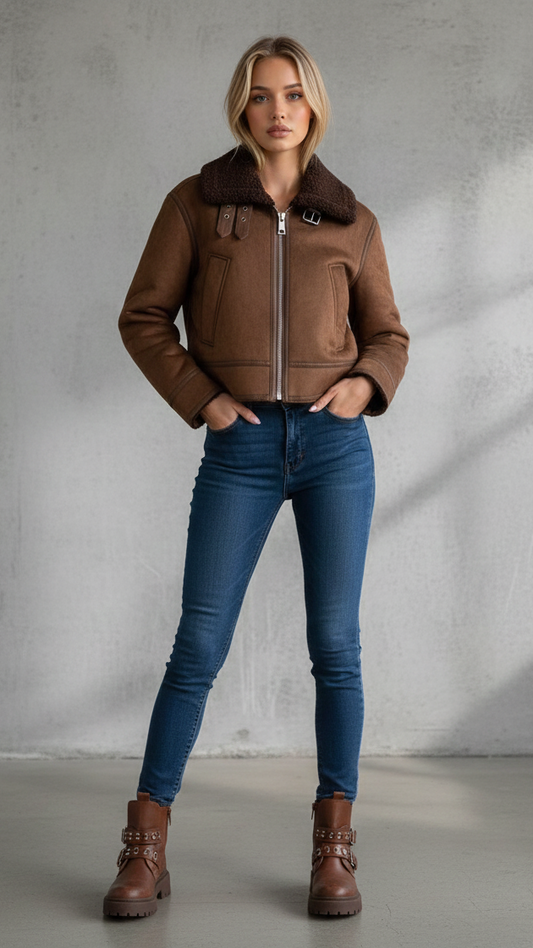 Dunkelbraune Aviator-Jacke mit Teddykragen