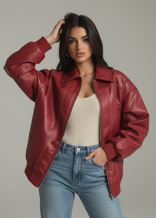 Burgundy PU-Leder Bomberjacke „Urban Rebel“