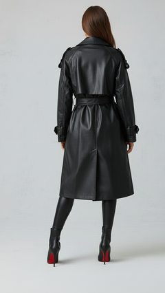 Schwarzer Faux-Leather Trenchcoat