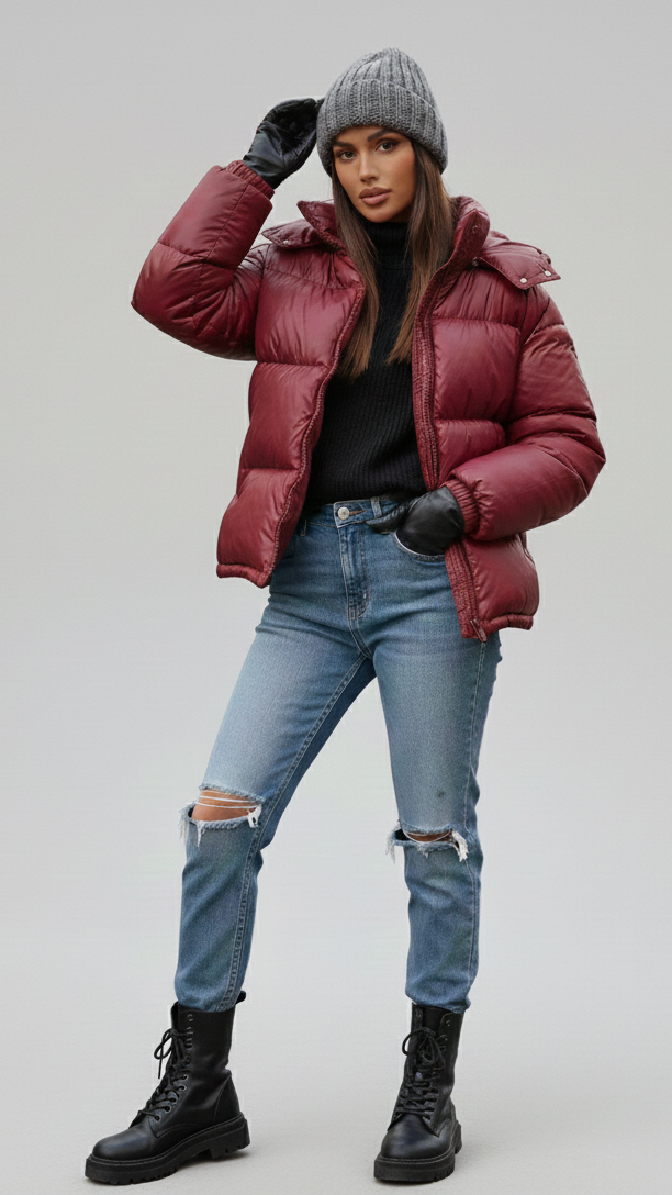 Glänzende Pufferjacke in Bordeaux