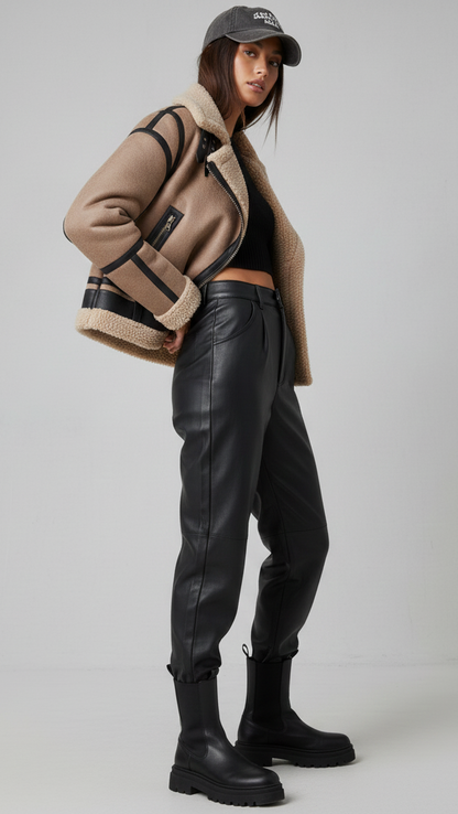 Beige Aviator-Shearling-Jacke