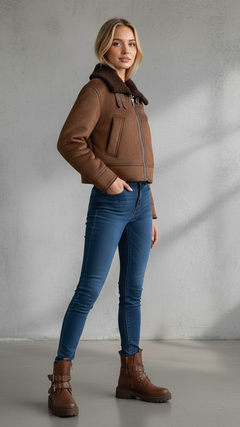 Dunkelbraune Aviator-Jacke mit Teddykragen