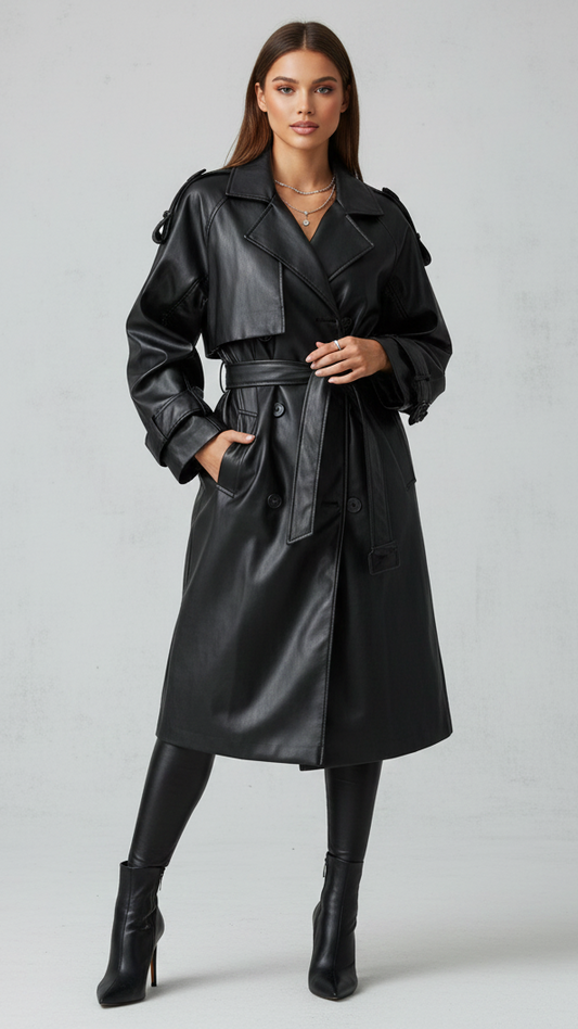 Schwarzer Faux-Leather Trenchcoat