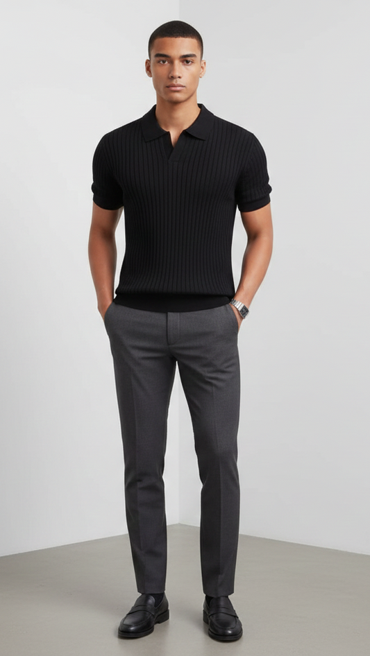 Ribbed V-Neck Knit Polo