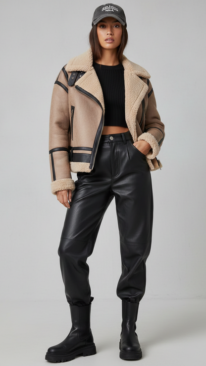 Beige Aviator-Shearling-Jacke