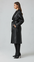 Schwarzer Faux-Leather Trenchcoat