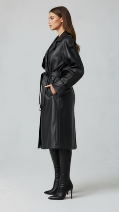 Schwarzer Faux-Leather Trenchcoat