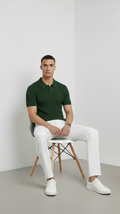 Ribbed V-Neck Knit Polo