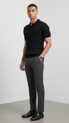 Ribbed V-Neck Knit Polo
