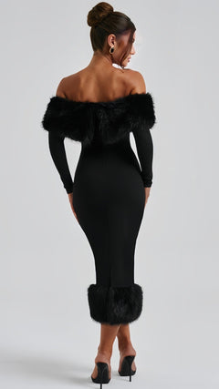 Elegantes Schwarzes Kleid mit Fausfell-Akzenten